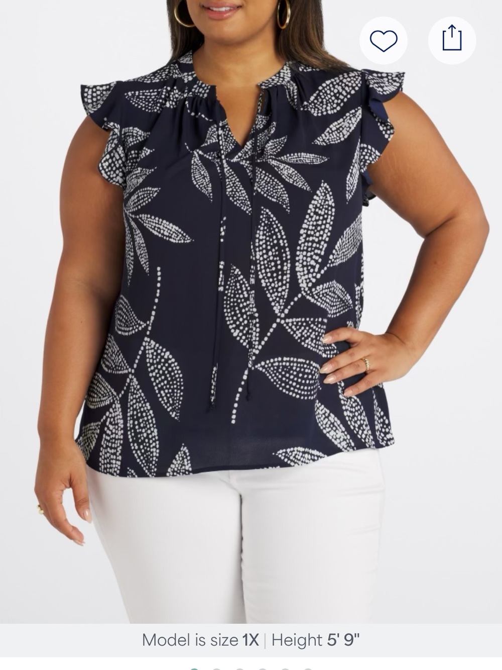 Las Serein NWT Flutter-Sleeve Navy Leaf-Print Blouse with Tie Neck